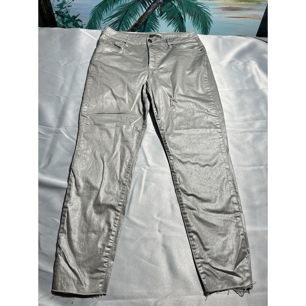 Kut from the Kloth Charlize Fab Ab Cigarette Leg Jeans Sz 12 Silver Metallic NEW